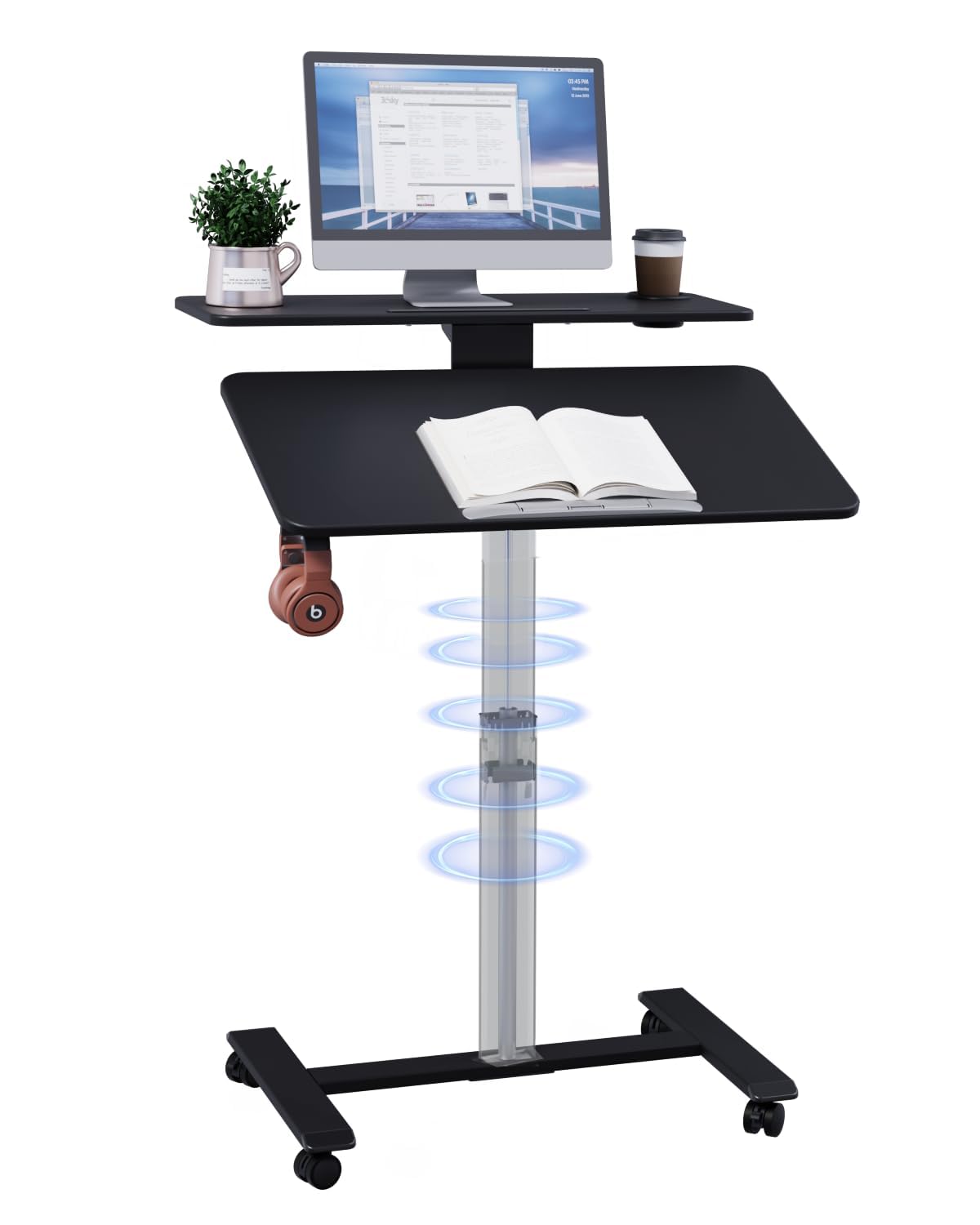 TecbL Pneumatic Standing Desk with Wheels - Adjustable Height 28" - 46" & 0-90° Tilt, 31.5" x 17.7" Skin-Feel Desktop, Rolling Computer Desk for Home Office, Hospital, School (Black)