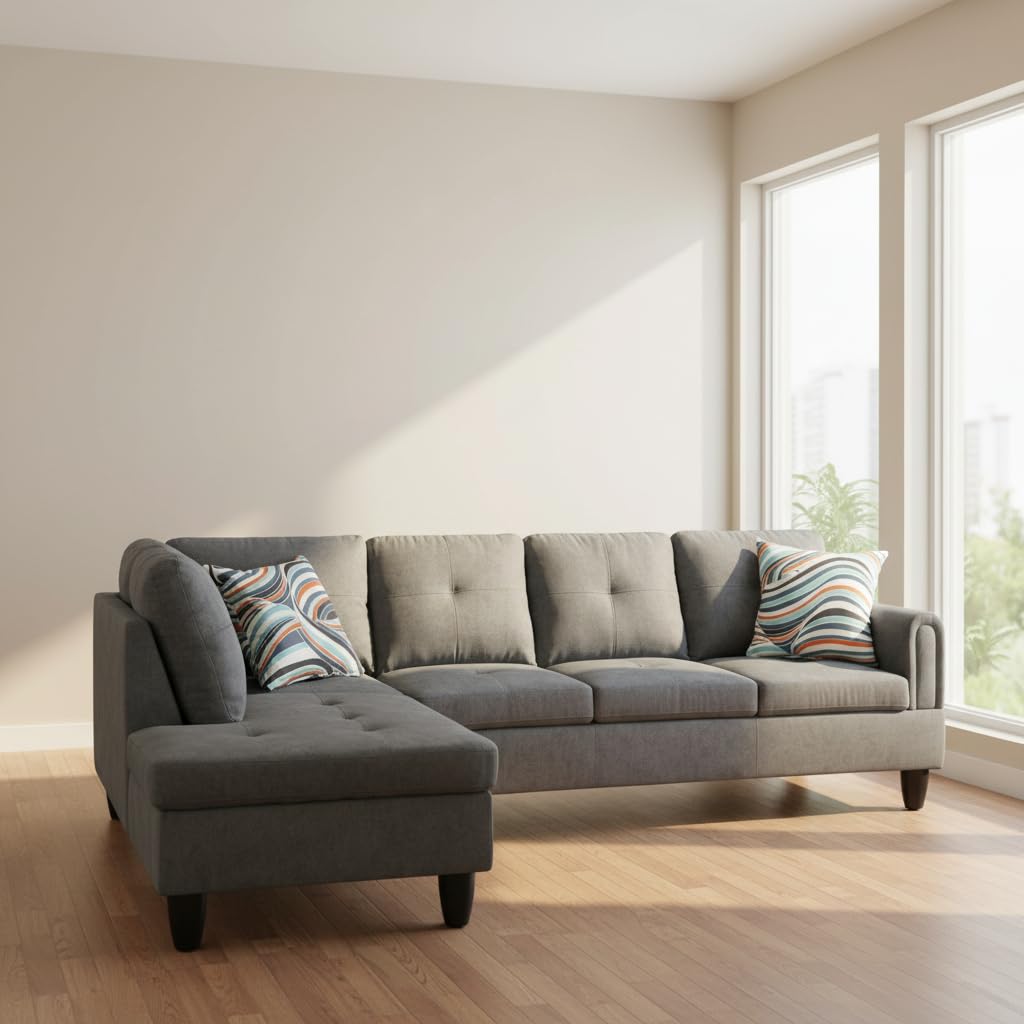 Trygoal Modern L-Shaped Sectional Sofa with Chaise Lounge, 4-Seater Fluffy Couch with High-Density Foam Cushions, for Living Room, Apartment, Studio, Easy Assembly, Dark Grey