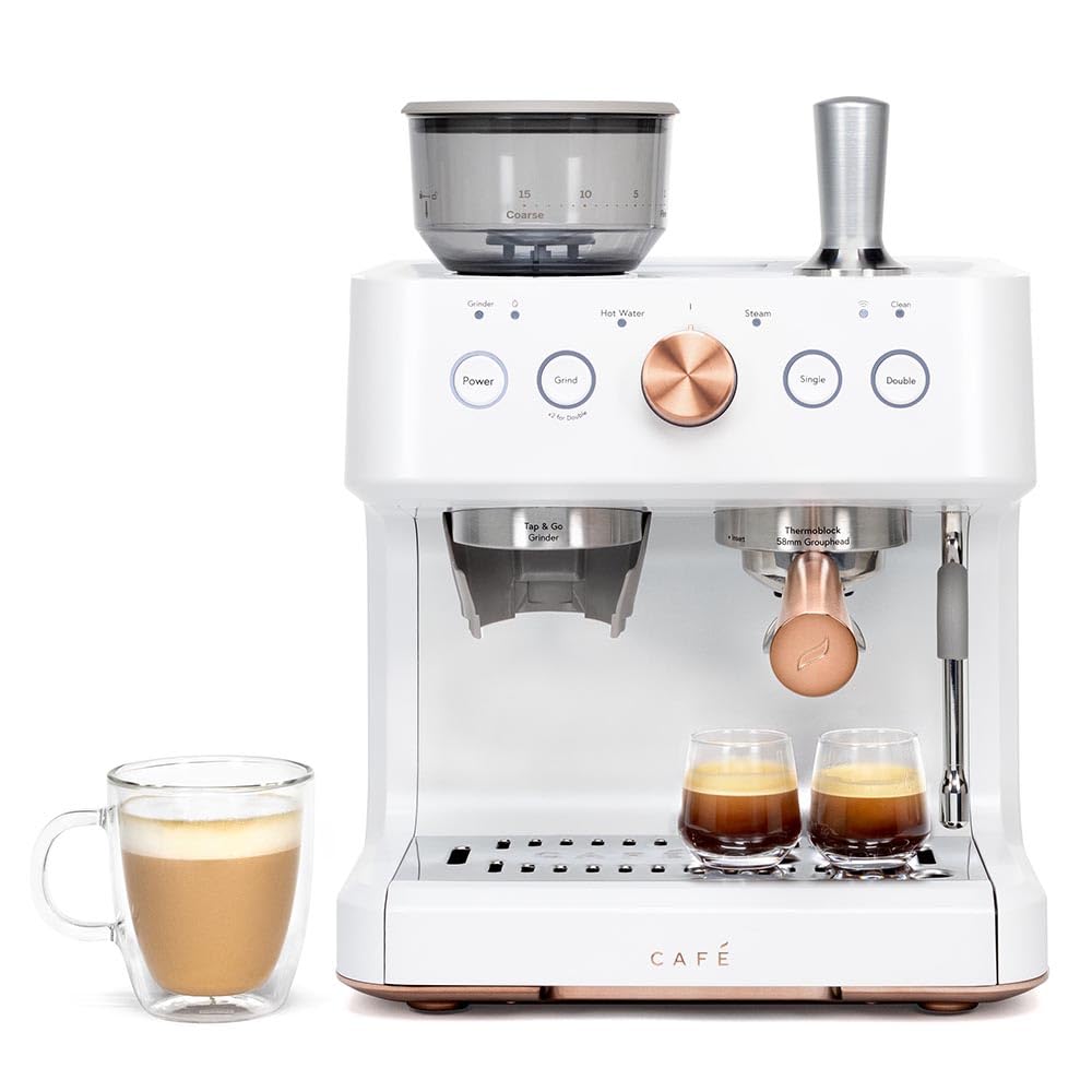 Café Bellissimo Semi Automatic Espresso Machine with Grinder & Milk Frother | Copper Accents | WiFi App Control | Large 95oz Tank | Matte White