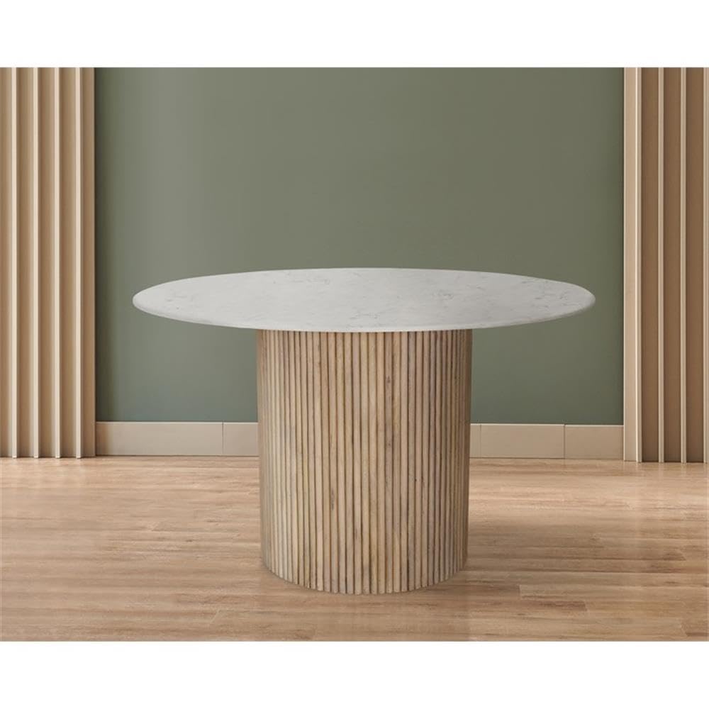 Meridian Furniture 757-T Oakhill Collection Modern | Contemporary Dining Table with Natural White Oak Finish, Solid Mango Wood Base, Genuine Marble Top, Fluted Wood, 47" W x 47" D x 30" H, Natural