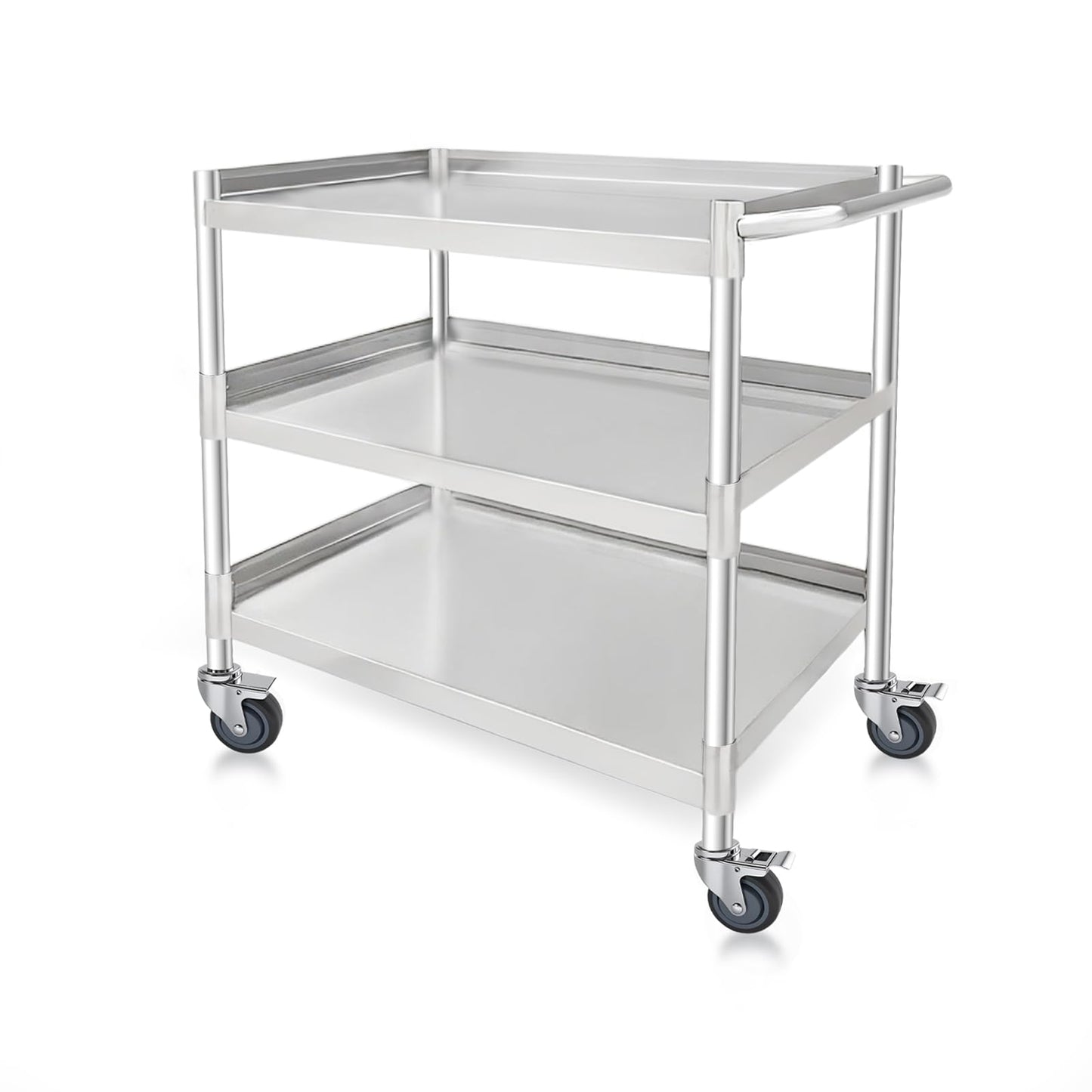 Hutioai 3-Shelf Stainless Steel Rolling Utility Cart - Heavy-Duty Metal Mobile Storage with Handle & Locking Wheels - Ideal for Kitchen, Medical, Lab, Restaurant & Home Use (16''x24''x34'')