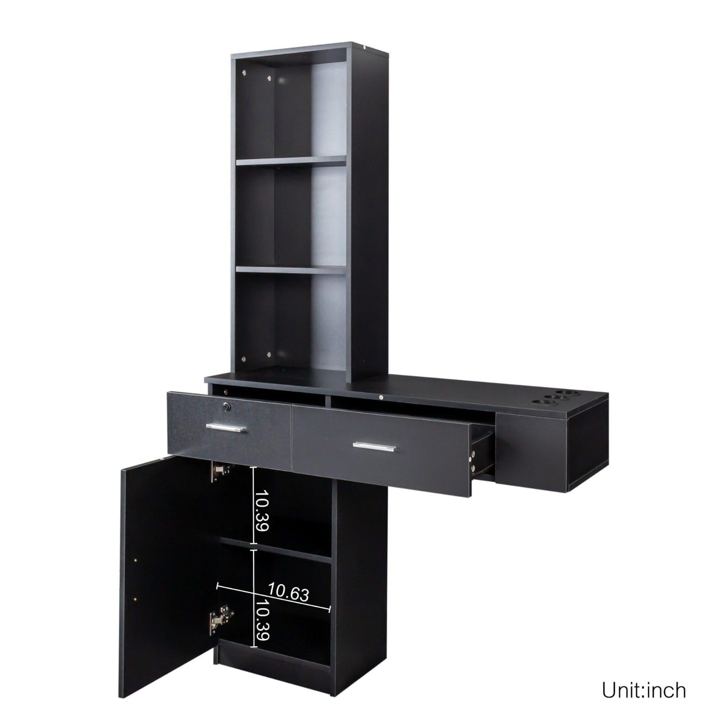 FRITHJILL Modern 66.93" Tall Multi-Layer Hair Styling Storage Cabinet, Salon Spa Station with Appliance Holders and Lockable Drawer, Ideal for Salons, Barber Shops, and Home Use, Black