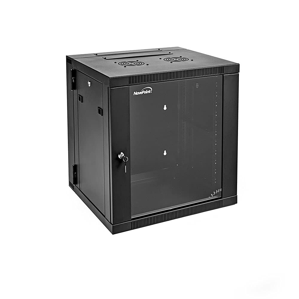 NavePoint 12U Cabinet with Hinged Back - 17.7” Deep, Server Rack Enclosure with Locking Glass Door, Wall Mount Rack with Removable Side Panels, Network Cabinet with 2 Fans, Assembled