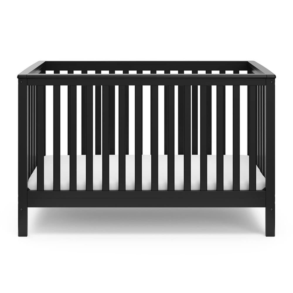Pemberly Row 4-in-1 Convertible Pine Wood Crib, Black Finish, Adjustable 4-Position Base, Modern Nursery Bed Converts to Toddler, Daybed, Full-Size Bed, JPMA Certified Safe