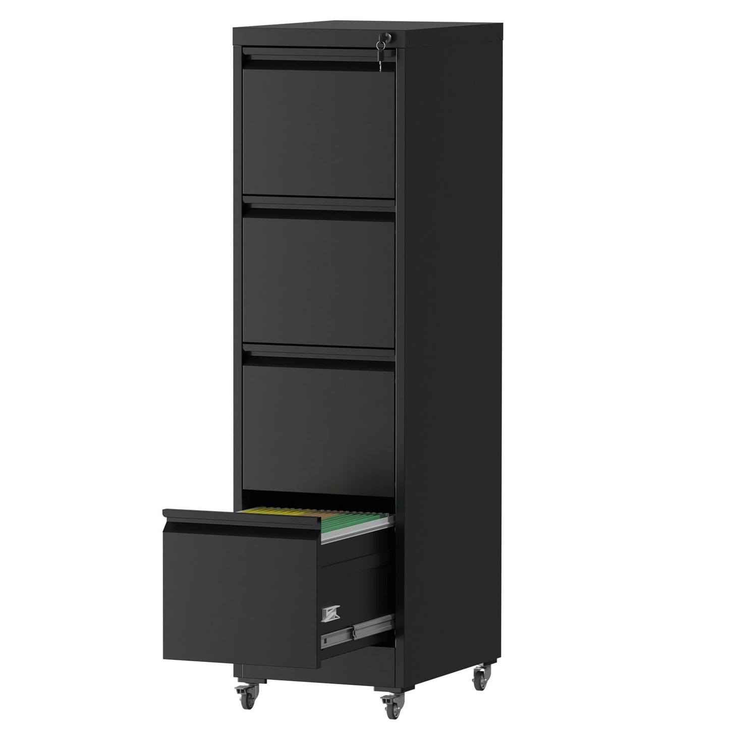 FOSTOKO File Cabinet with Lock, 4 Drawers Filing Cabient with Wheel, Steel Vertical Filing Storage Cabinet for Home Office, Heavy-Duty File Cabinets for Letters/Legal/A4 (Require Assembly, Black)