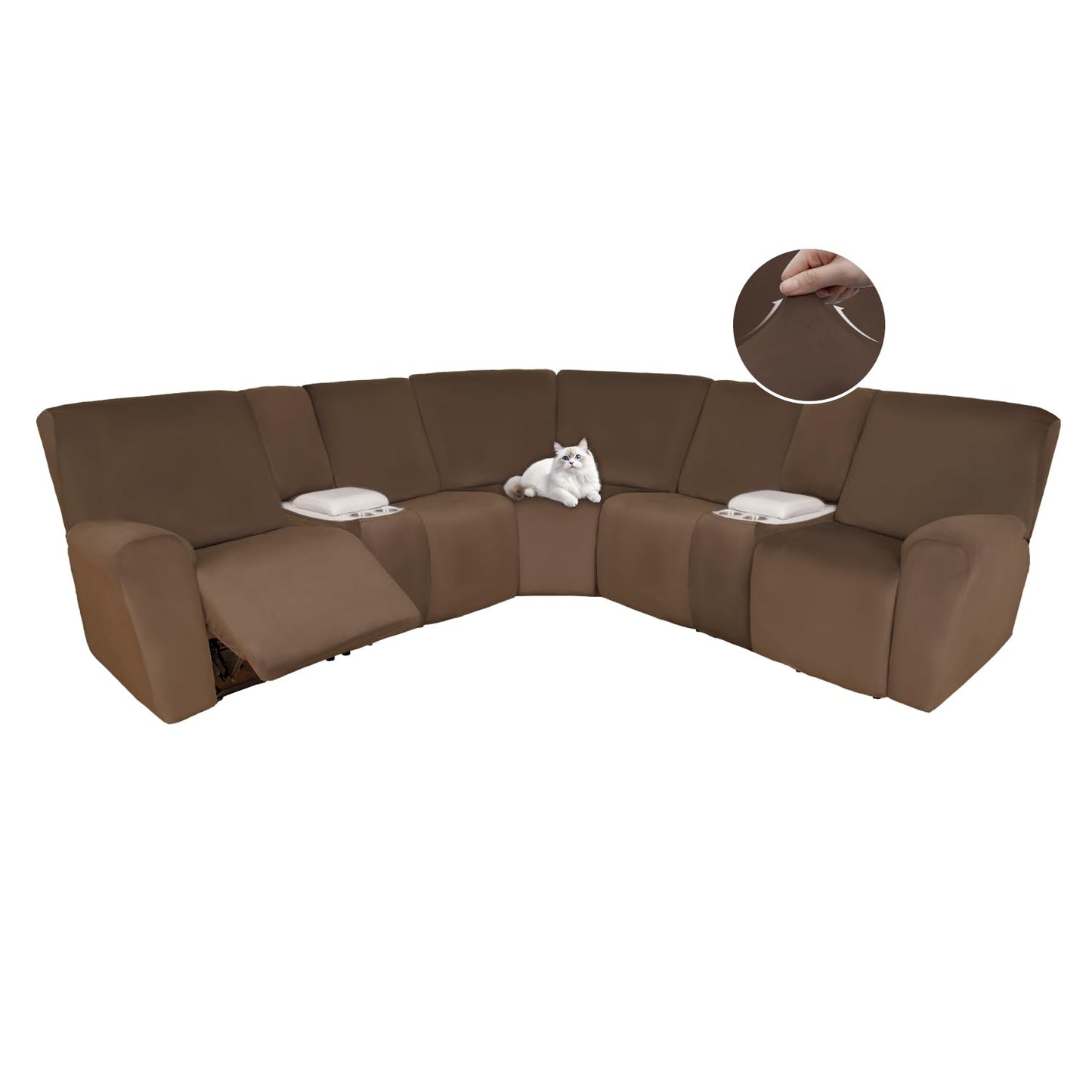 HDCAXKJ Reclining Sectional Couch Covers Velvet L Shaped Sectional Sofa Cover Washable Stretch Soft Corner Recliner Slipcover with Non-Slip Elastic Bottom (5 Seat and 2 Middle Console, Light Brown)