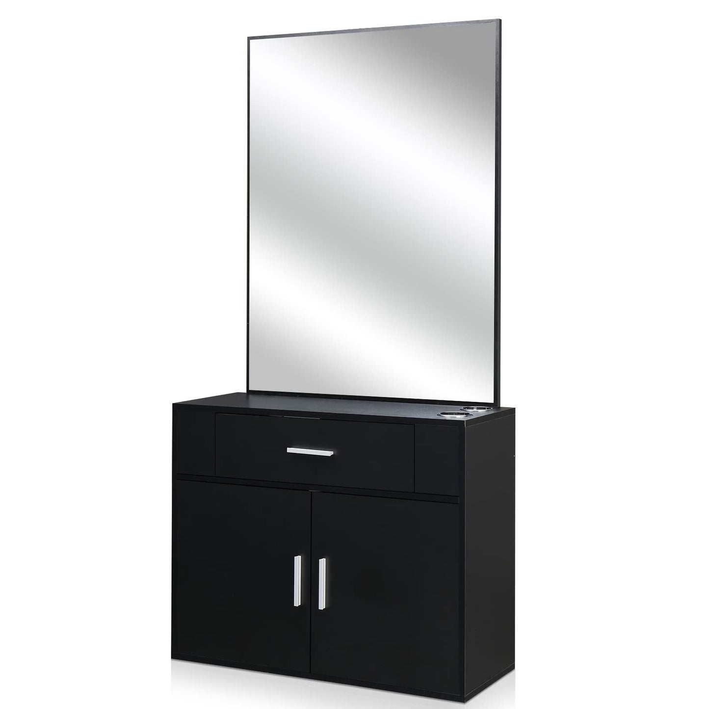 59.4" Barber Salon Station Organizer Cabinet Makeup Hair Styling Beauty Spa Equipment Set, Wall Mount Salon Station Barber Stations Styling Station with Mirror Barber Beauty Spa Salon Equipment, Black