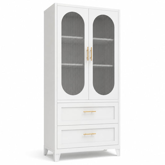 Garvee 74" H Storage Cabinet, Freestanding Pantry Cabinet, Frosted Glass Doors, Fluted Design, 4 Door Cabinet with Adjustable Shelf, Kitchen Bathroom Dining Room Living Room Office, White