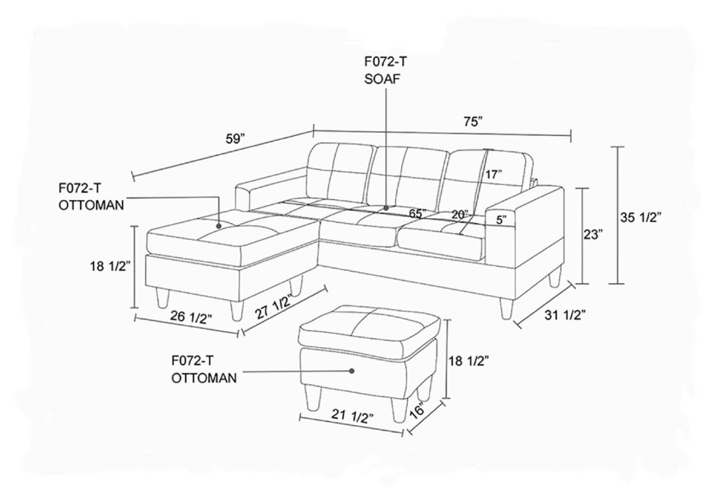 UOCFYK 3-Piece Faux Leather & PVC Sofa with Storage Ottoman with Lounge Chaise (2 Ottomans) Set, Sectional Couch Sofa Set for Living Room, Office, Small Space, Brown and Grey