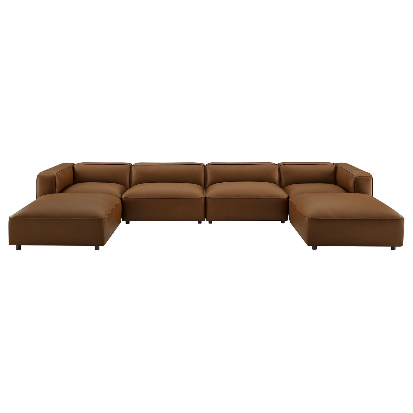 Modway Auren Vegan Leather 6 Piece Modular Sofa in Coffee - Faux Leather 4 Seater Sectional - Comfy Modern L Shaped Sofa - Oversized Mid Century Modern Couch for Living Room