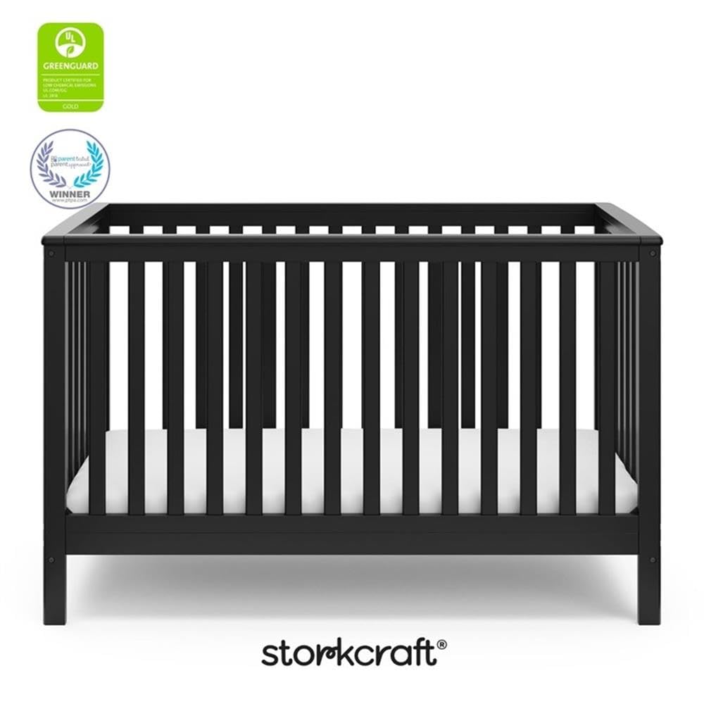 Pemberly Row 4-in-1 Convertible Pine Wood Crib, Black Finish, Adjustable 4-Position Base, Modern Nursery Bed Converts to Toddler, Daybed, Full-Size Bed, JPMA Certified Safe