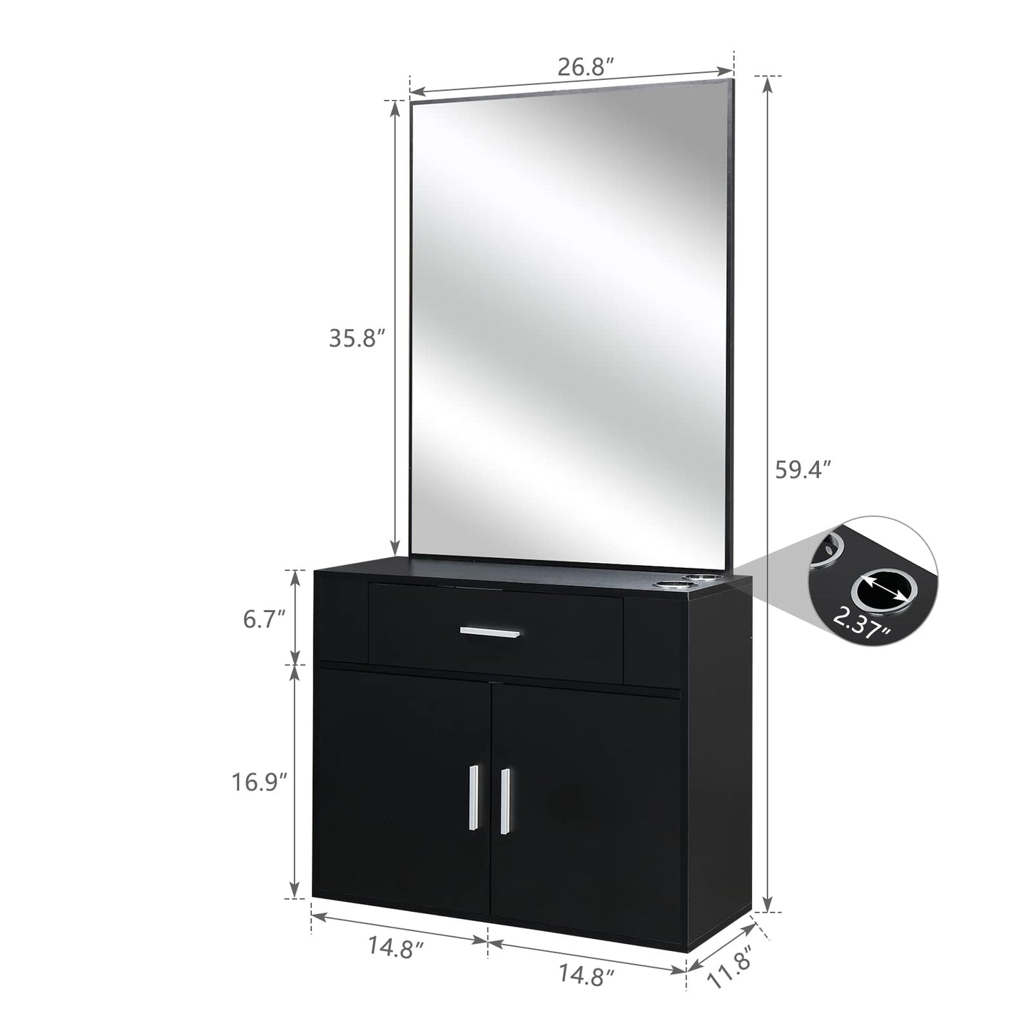59.4" Barber Salon Station Organizer Cabinet Makeup Hair Styling Beauty Spa Equipment Set, Wall Mount Salon Station Barber Stations Styling Station with Mirror Barber Beauty Spa Salon Equipment, Black