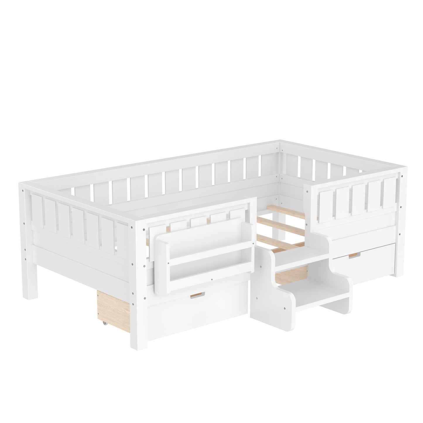 Bellemave Twin Bed with Slats and Stairs, Twin Size Platform Bed Frame with Fence, Bookshelf and Storage Drawers, Easy Assemble Beds for Kids, Girls, Boys, White