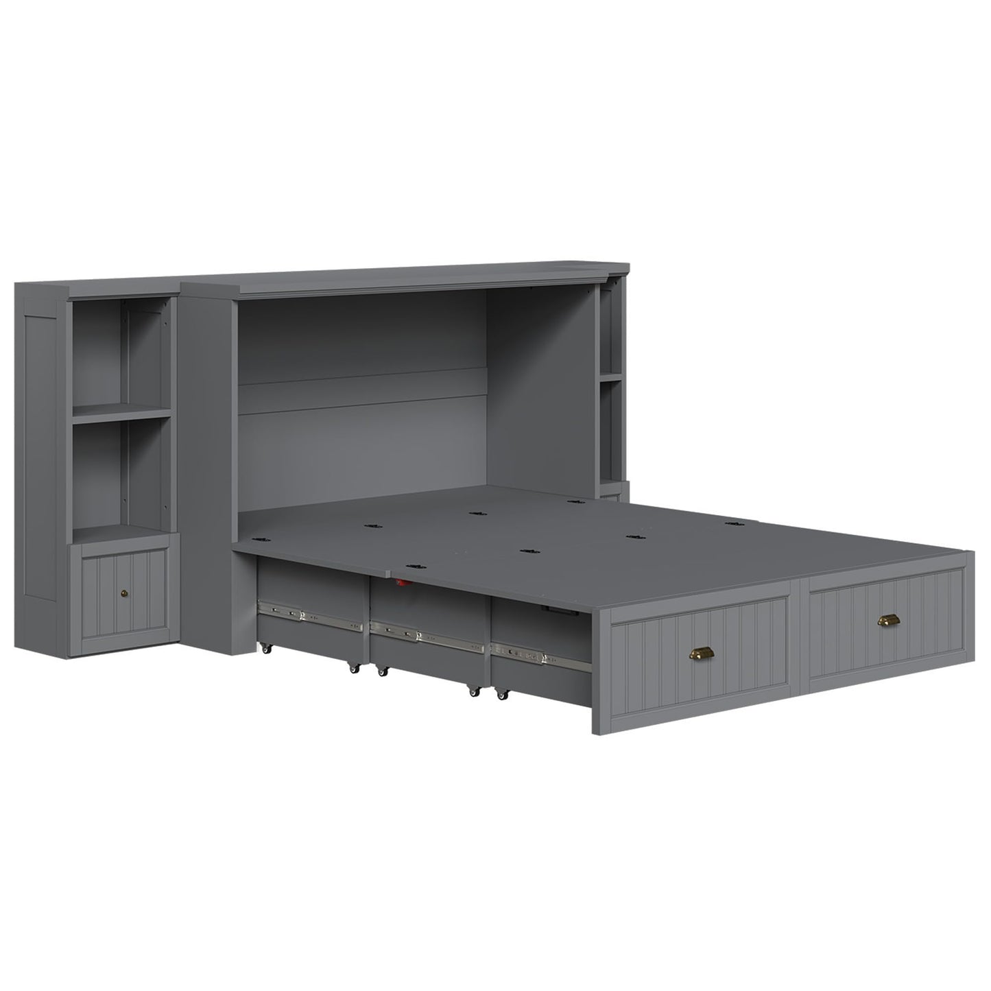 AMERLIFE Full Size Murphy Bed with Bedside Tables, Foldable Cabinet with 3 Storage Drawers & Charging Station, Farmhouse Hideaway Bed for Bedroom/Office/Guest Room, Grey