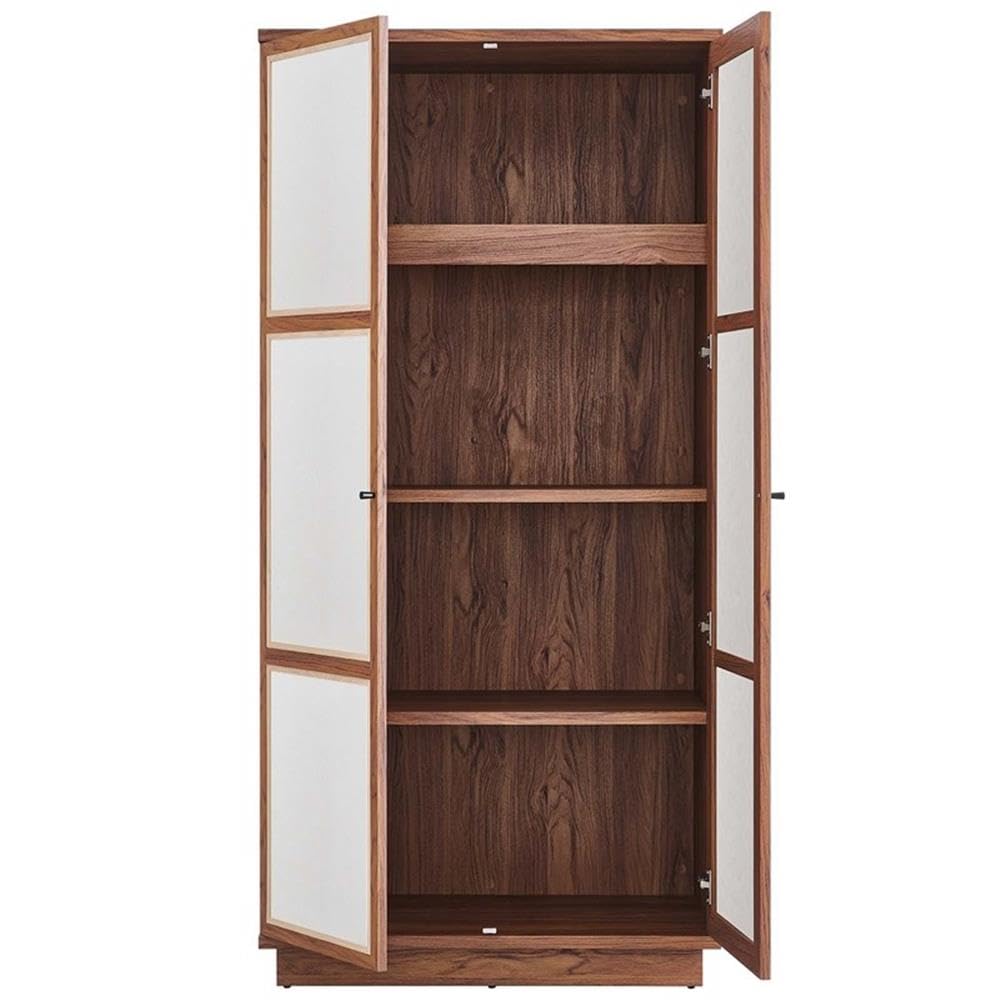 Pemberly Row Modern 70 in Tall Wood Grain Storage Cabinet, Walnut Finish, MDF and Particleboard Construction, Linen-Textured Doors, Soft-Close Hinges, Adjustable Shelves, Freestanding for Home or