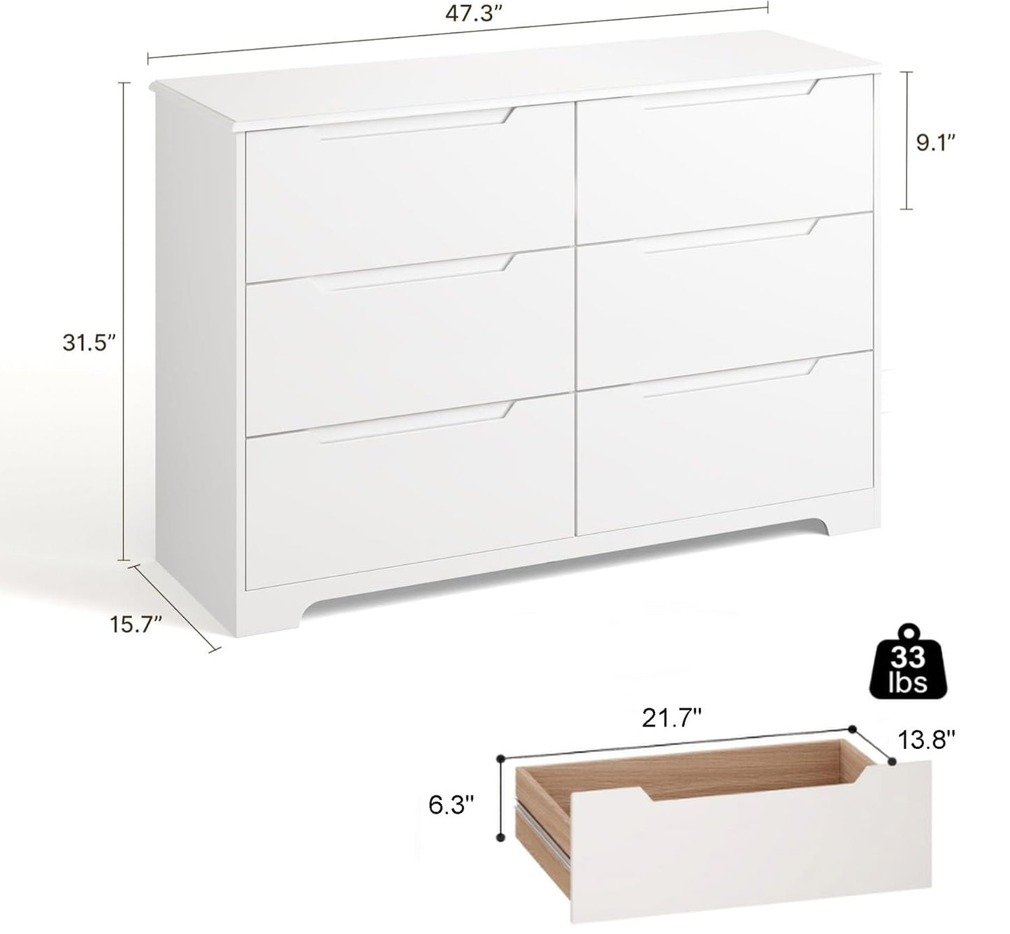 Gizoon 6 Drawer Double Dresser for Bedroom with Anti-Tip Design, Modern Wide Wooden Chest of Drawers with Cut-Out Handles, Closet Storage Organizer and TV Stand for Living Room, Hallway, Entryway