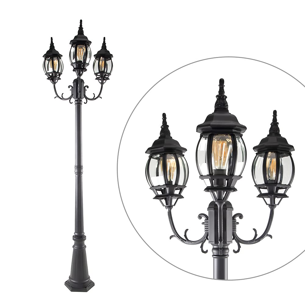 LUTEC LED Outdoor Post Light - Triple-Head Design, Hardwired, Black, 3 Oval Head + Post, Clear Glass Panels for Garden Pathway