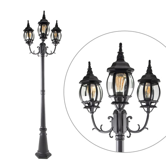 LUTEC LED Outdoor Post Light - Triple-Head Design, Hardwired, Black, 3 Oval Head + Post, Clear Glass Panels for Garden Pathway