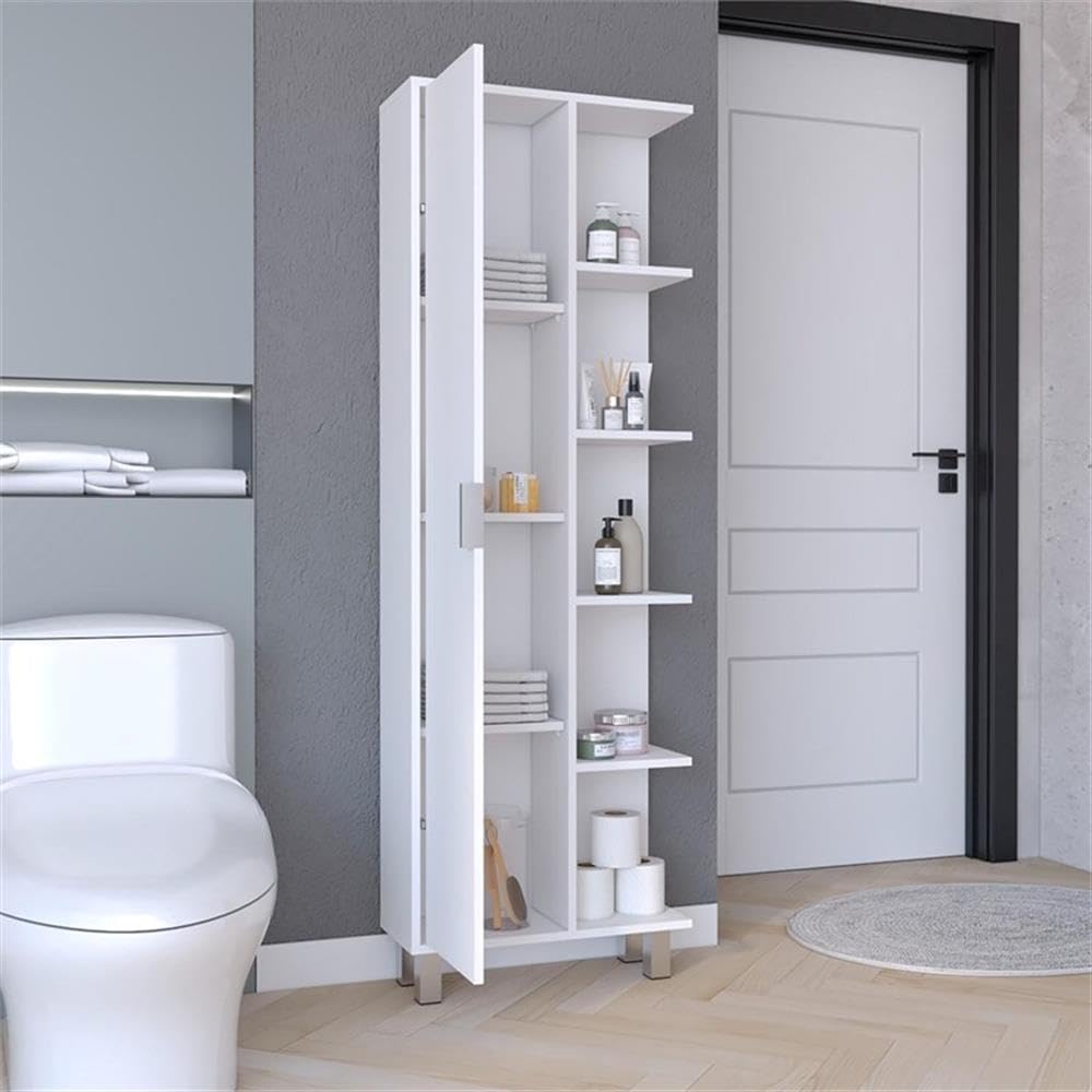 Tuhome Crovie Tall Linen Cabinet for Bathroom Storage, 62.9-Inch White Linen Tower with Door and 9 Shelves, Slim Vertical Linen Closet Organizer for Towels and Toiletries
