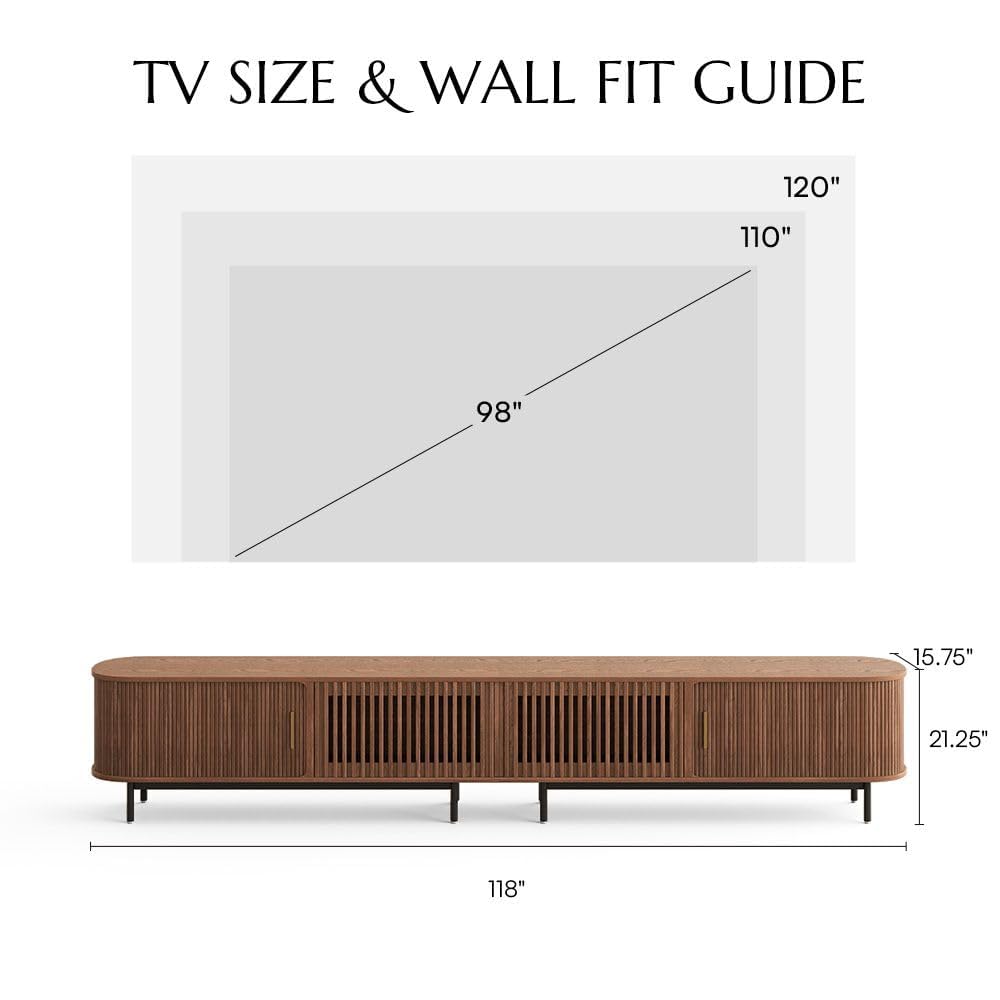 POVISON Fully-Assembled Sliding Tambour Door TV Stand, Mid Century Modern TV Console, Wood Media Console, Entertainment Center with Storage Cabinet (Walnut, 118.11")
