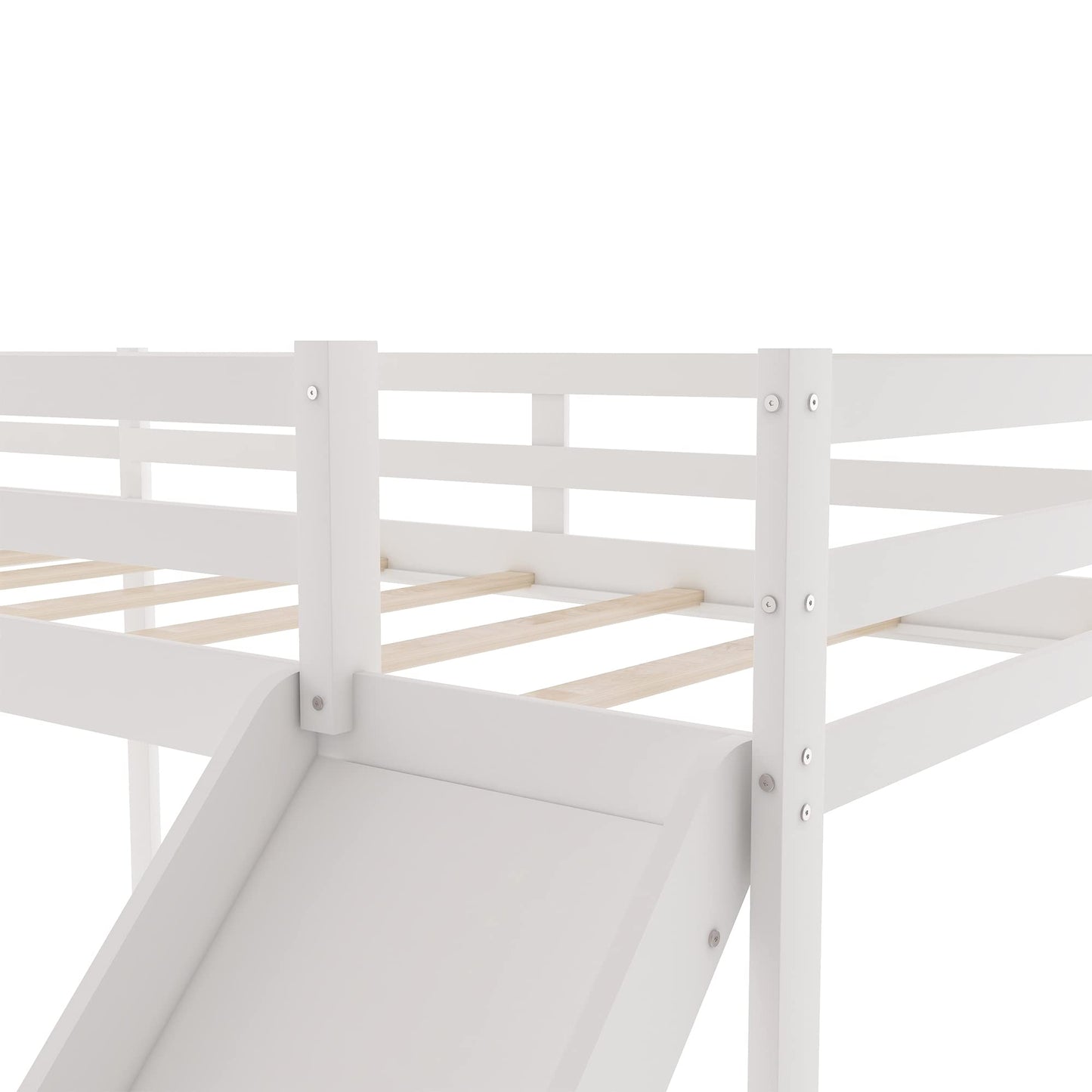 Merax L-Shaped Twin Size Loft Bed with Ladder and Slide, Wooden Double Loft Bed Frame with Full-Length Guardrail, No Box Spring Required