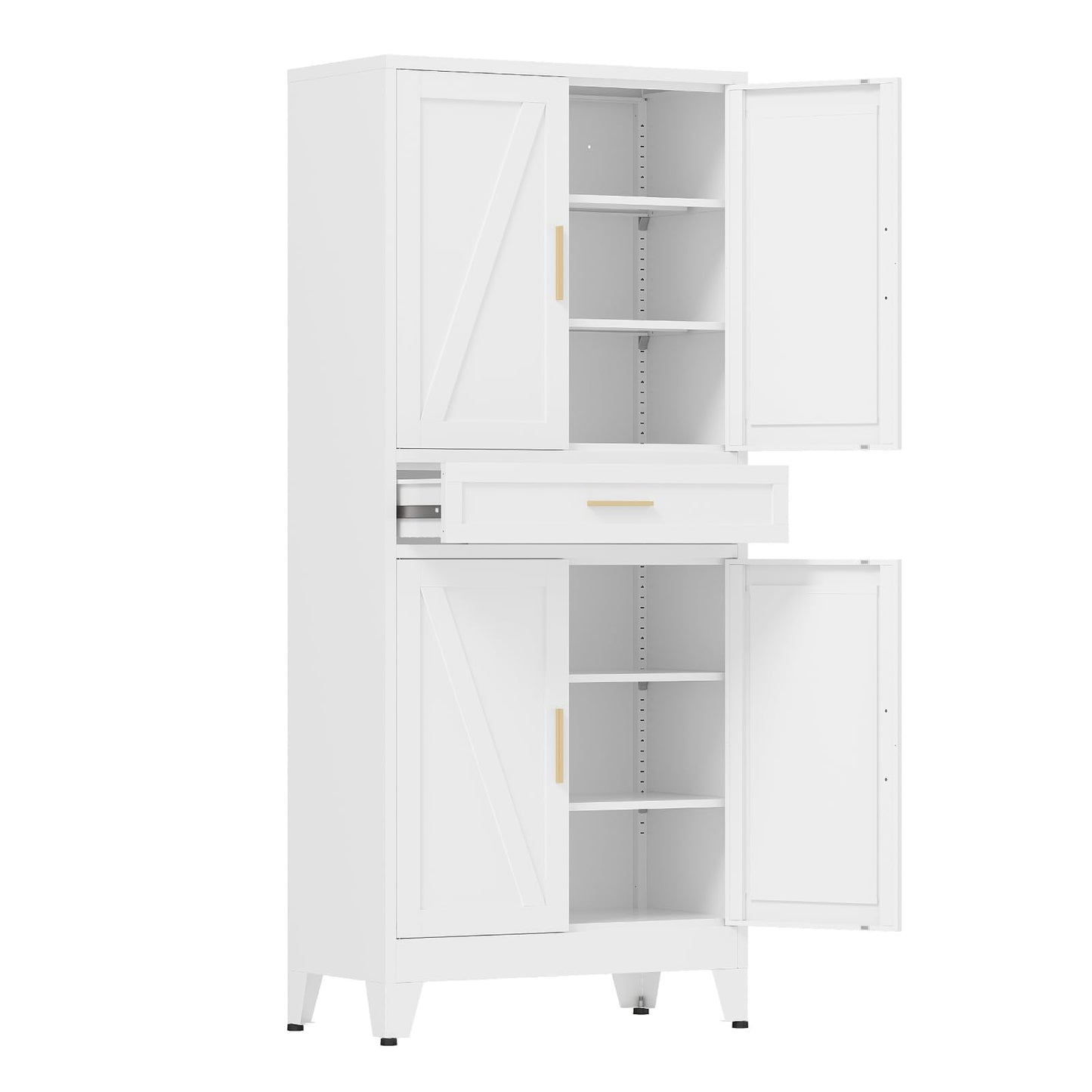 COFaR 71 in Tall Kitchen Pantry Cabinet with Drawer, Metal Pantry Storage Cabinet with 4 Adjustable Shelves and 4 Barn Doors, White Freestanding Farmhouse Food Cupboard for Dining Room