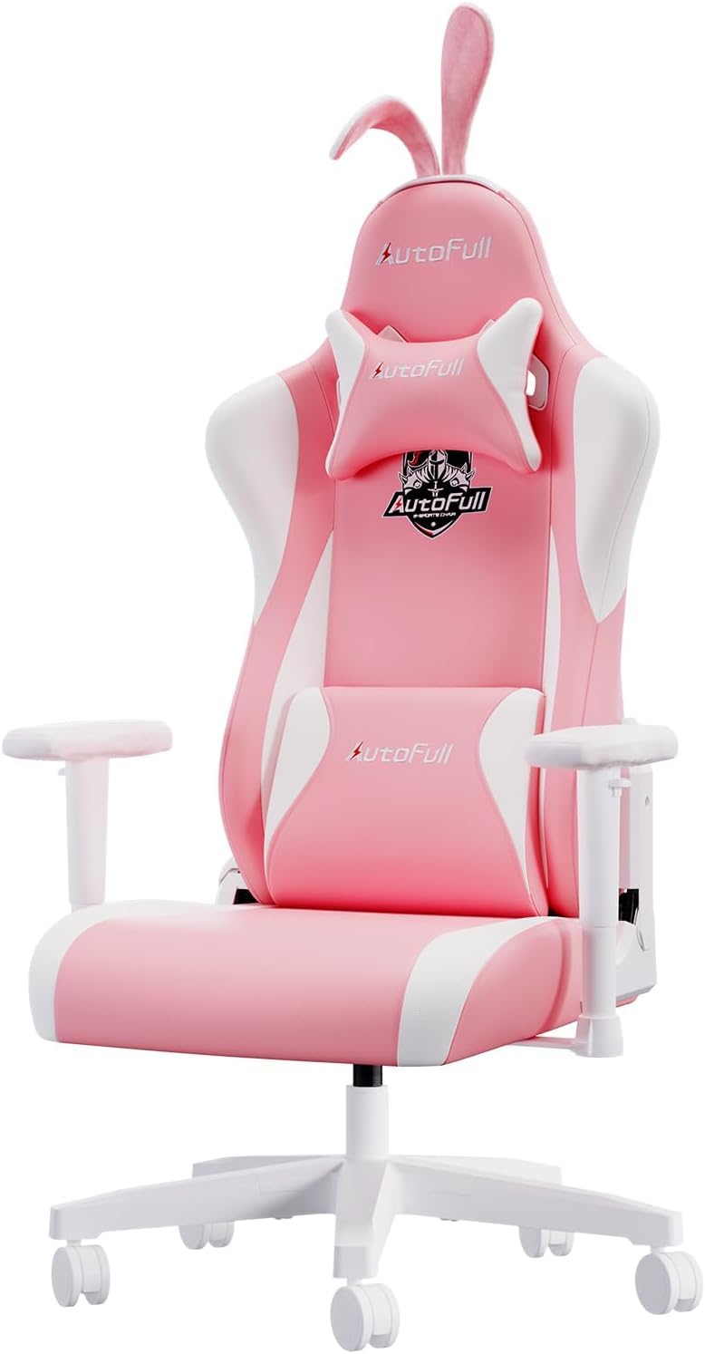 AutoFull C2 Gaming Chair Computer Chair with Ergonomic Wingless Cushion PU Leather Racing Style PC Chair with Footrest and Lumbar Support Pillow（Pink）