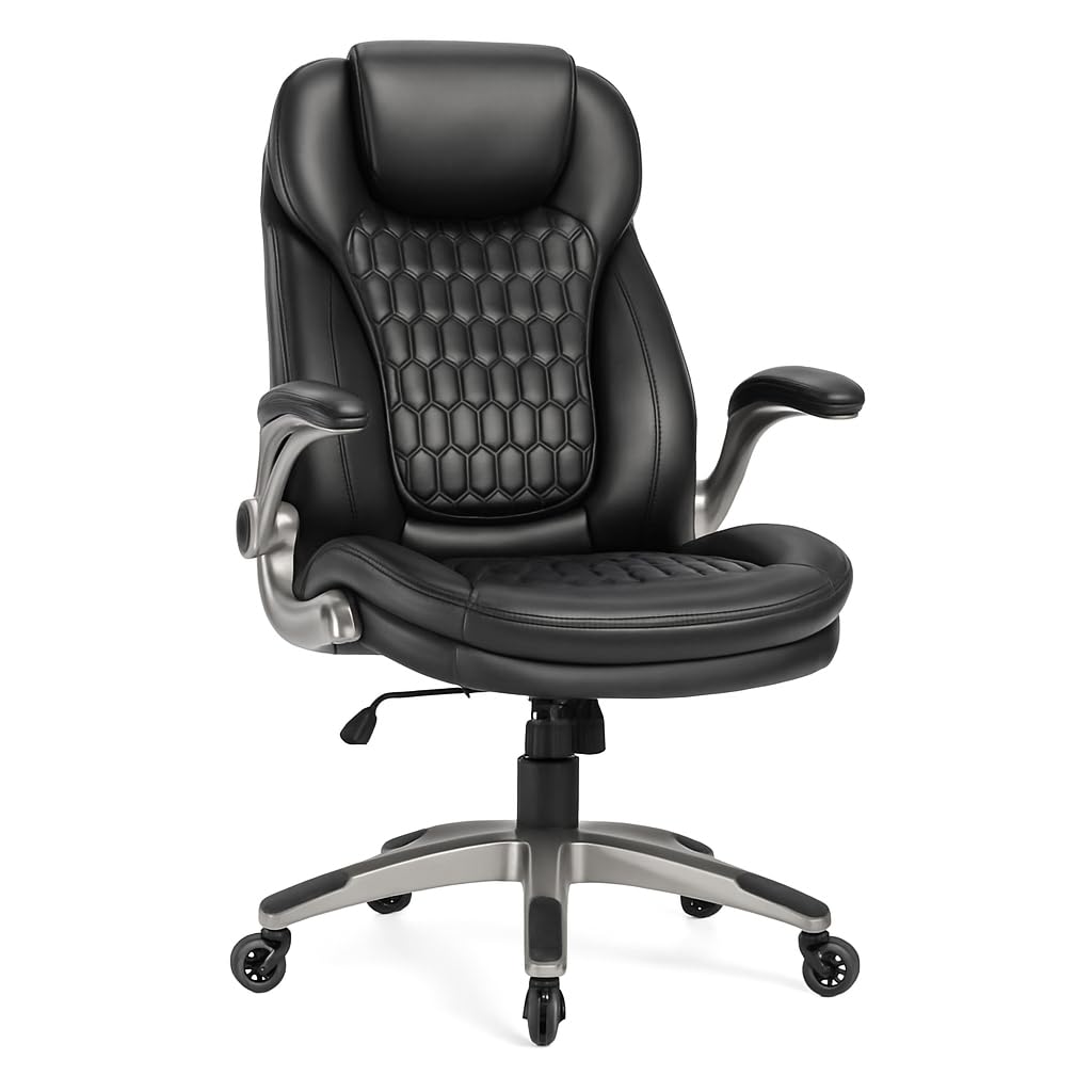 Ergonomic Executive Office Chair, High Back Leather Desk Chair with Flip-up Arms and Adjustable Height, Swivel Rolling Computer Chair with Heavy Duty Metal Base,300lbs,Black for Home Office or Study