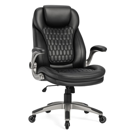 Ergonomic Executive Office Chair, High Back Leather Desk Chair with Flip-up Arms and Adjustable Height, Swivel Rolling Computer Chair with Heavy Duty Metal Base,300lbs,Black for Home Office or Study