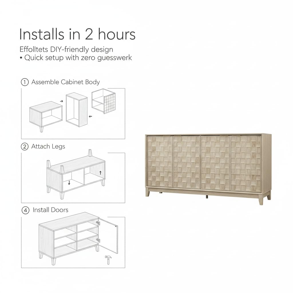 COLAMY 60" Sideboard Buffet Cabinet with Storage, Modern 4-Door Buffet Table with 3D Checkerboard Doors & Solid Wood Legs, Large Coffee Bar Cabinet for Dining Room, Living Room, Entryway,Oak Mist