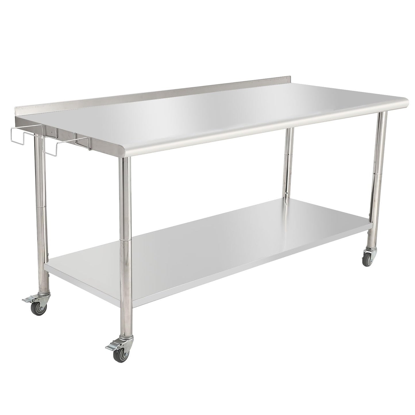 Stainless Steel Commercial Work Table, 72x30x35in - Wheels, Adjustable Undershelf, Backsplash, Removable Trash Rack - Heavy Duty Prep Station for Kitchen, Restaurant, Garage