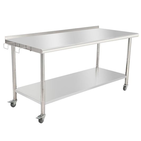 Stainless Steel Commercial Work Table, 72x30x35in - Wheels, Adjustable Undershelf, Backsplash, Removable Trash Rack - Heavy Duty Prep Station for Kitchen, Restaurant, Garage