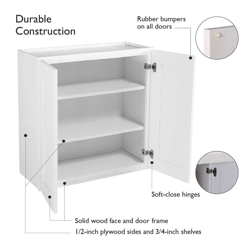 Design House Brookings Shaker Unassembled Corner Wall Kitchen Cabinet WAC2430, 24 W x 12 D x 30 H, Painted White, Solid Wood, 561779
