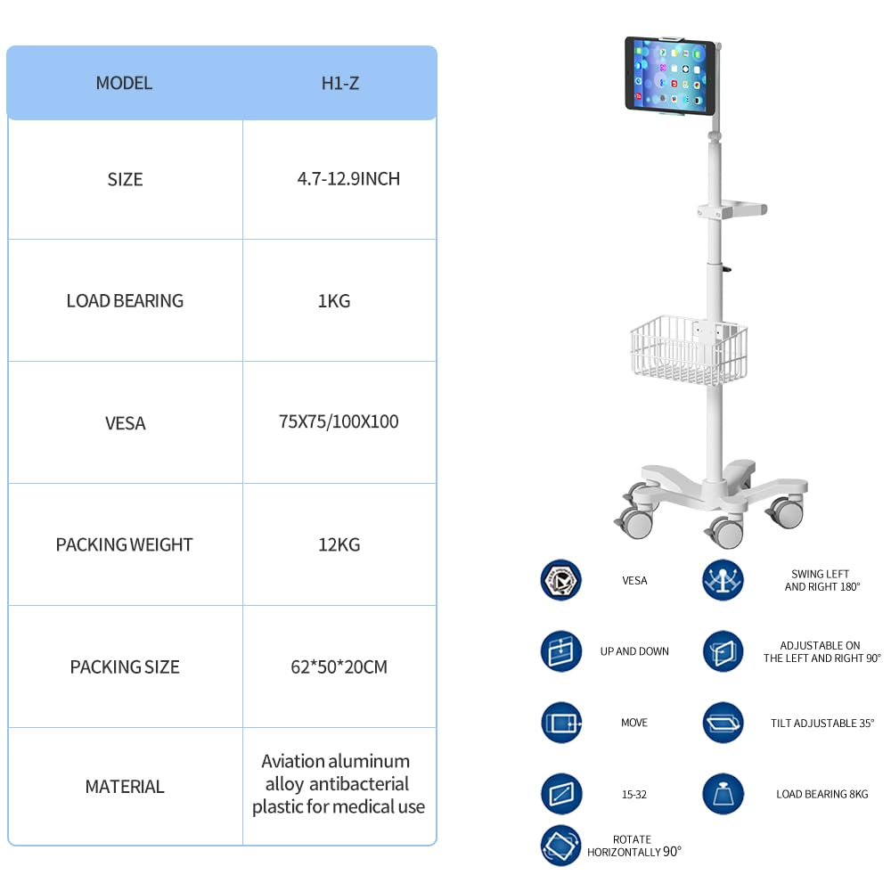 Medical Mobile Tablet Trolley, Height Adjustable with Storage Basket & Swivel Arm, Compatible with iPad & Intraoral Scanners