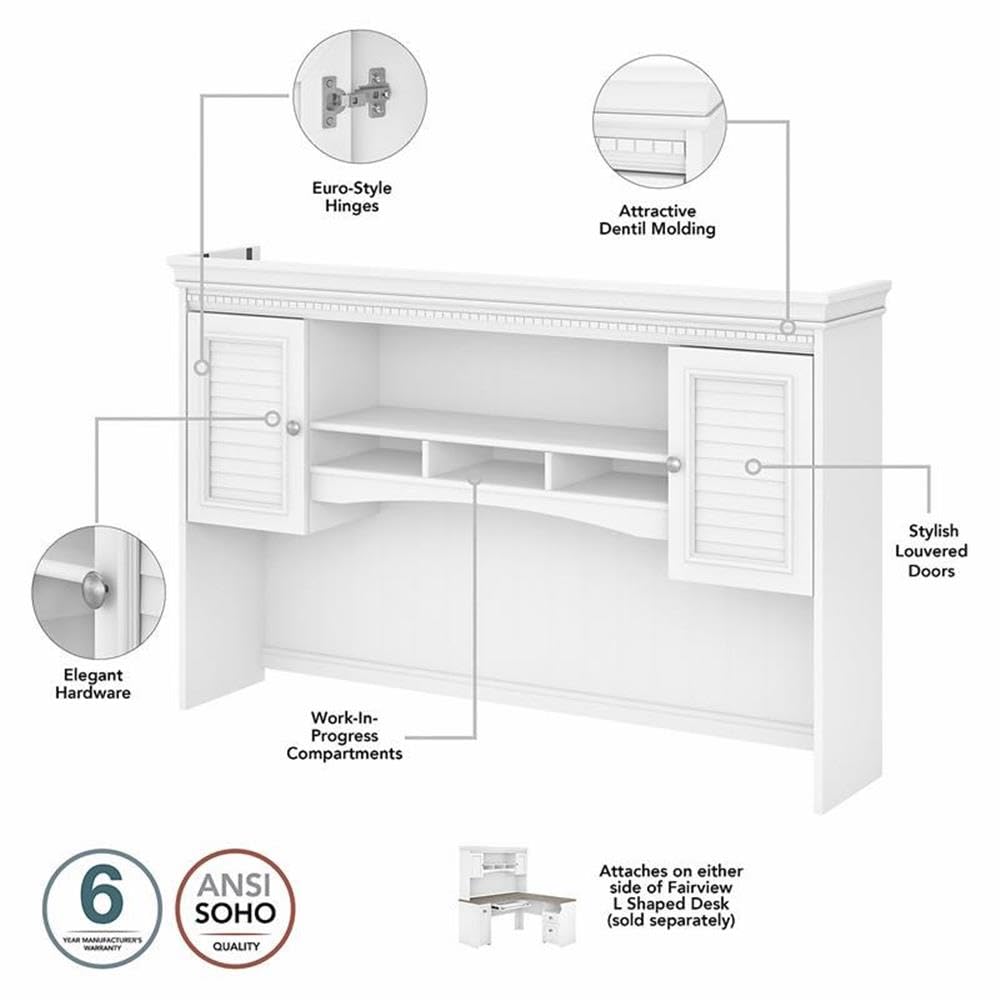 Hutch includes closed storage with framed louvered doors, three work-in-process cubby shelves and large center shelf