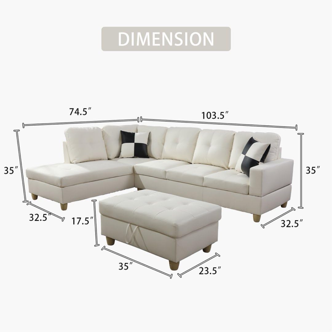 UOCFYK White L-Shaped 3-Piece Faux Leather Sofa with Storage Ottoman Set, Sectional Couch Leather-Like Sofa Set for Living Room, Office, Small Space