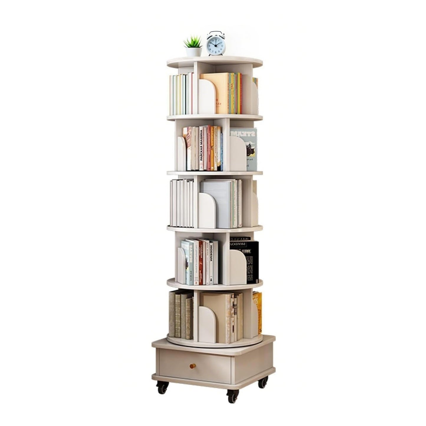 GDFStudio 6-Tier Rotating Bookshelf with Wheels & Drawer, 360° Spinning Round Display Organizer, Space-Saving Storage Tower for Living Room, Home, Office, White