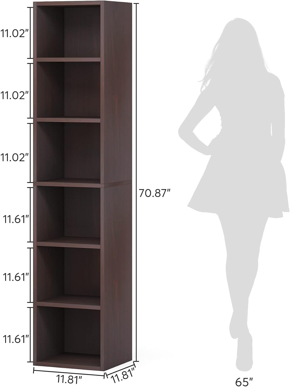 LITTLE TREE 70.9 Inch Tall Narrow Bookcase Set of 2, Modern Bookshelf 6 Tier Cube Display Shelf Storage Organizer for Small Space, Brown