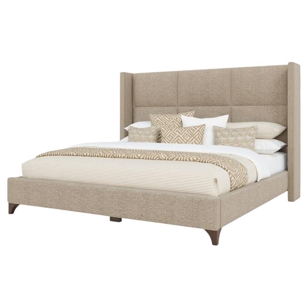 BOWERY HILL Modern Upholstered King Bed, Solid Wood Frame, Tan Performance Fabric, Square Panel Headboard, 57.5 in Tall, Adjustable Base Compatible, Box Spring Required, Elegant Bedroom Furniture