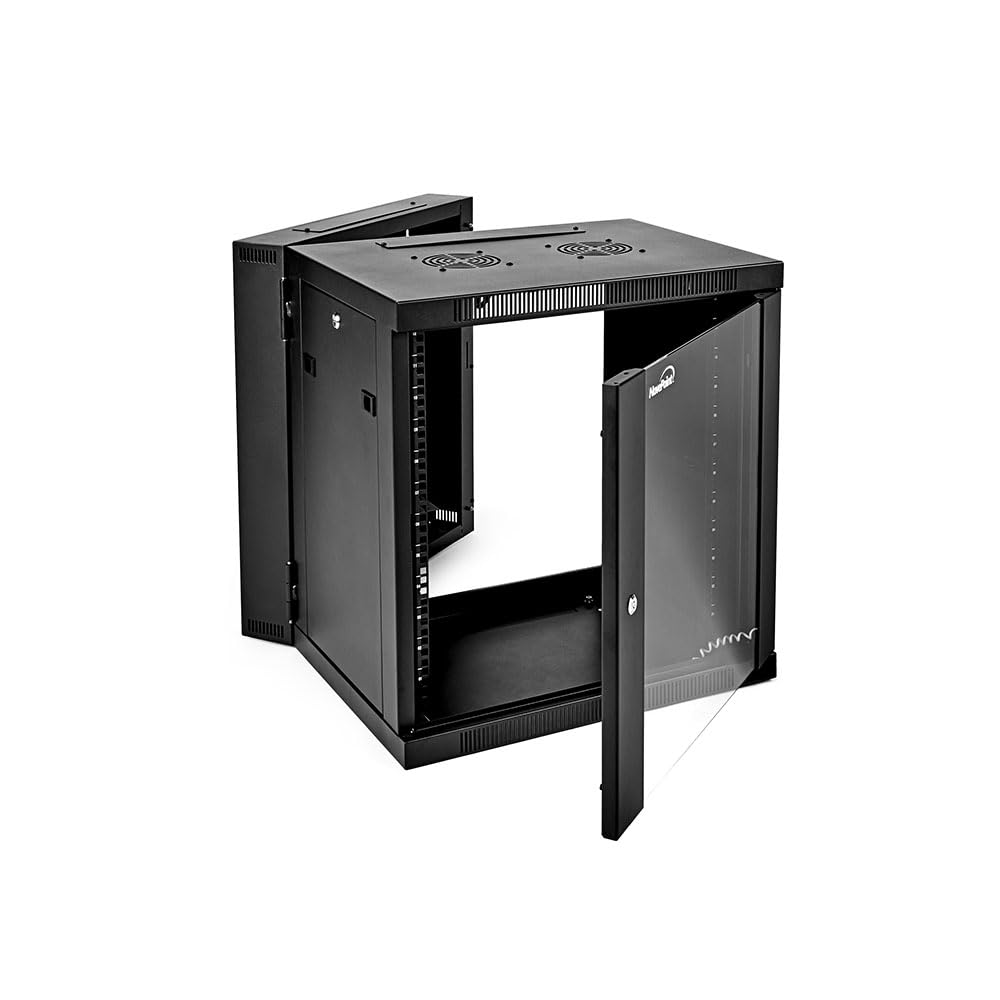 NavePoint 12U Cabinet with Hinged Back - 17.7” Deep, Server Rack Enclosure with Locking Glass Door, Wall Mount Rack with Removable Side Panels, Network Cabinet with 2 Fans, Assembled