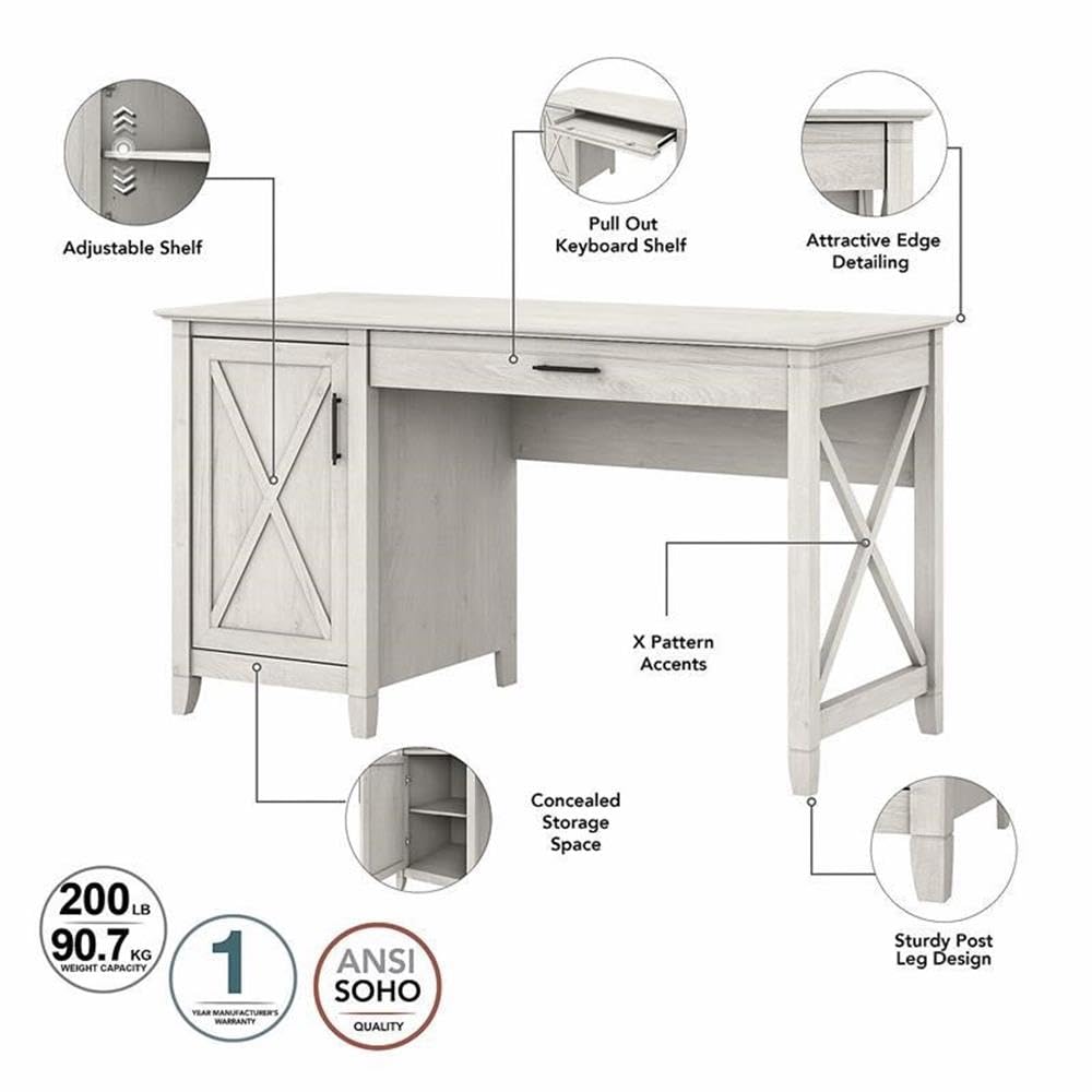 Bush Home Key West 54W Computer Desk with 2 Drawer Lateral File Cabinet and 5 Shelf Bookcase in Linen White Oak