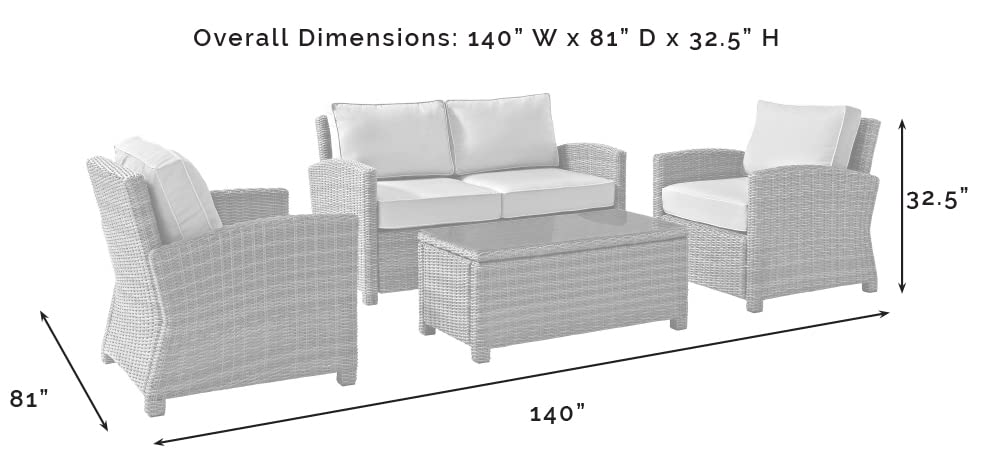 Crosley Furniture Bradenton 4-Piece Outdoor Loveseat Patio Furniture Set, Wicker Conversation Sets for Porch, Brown with Navy Cushions
