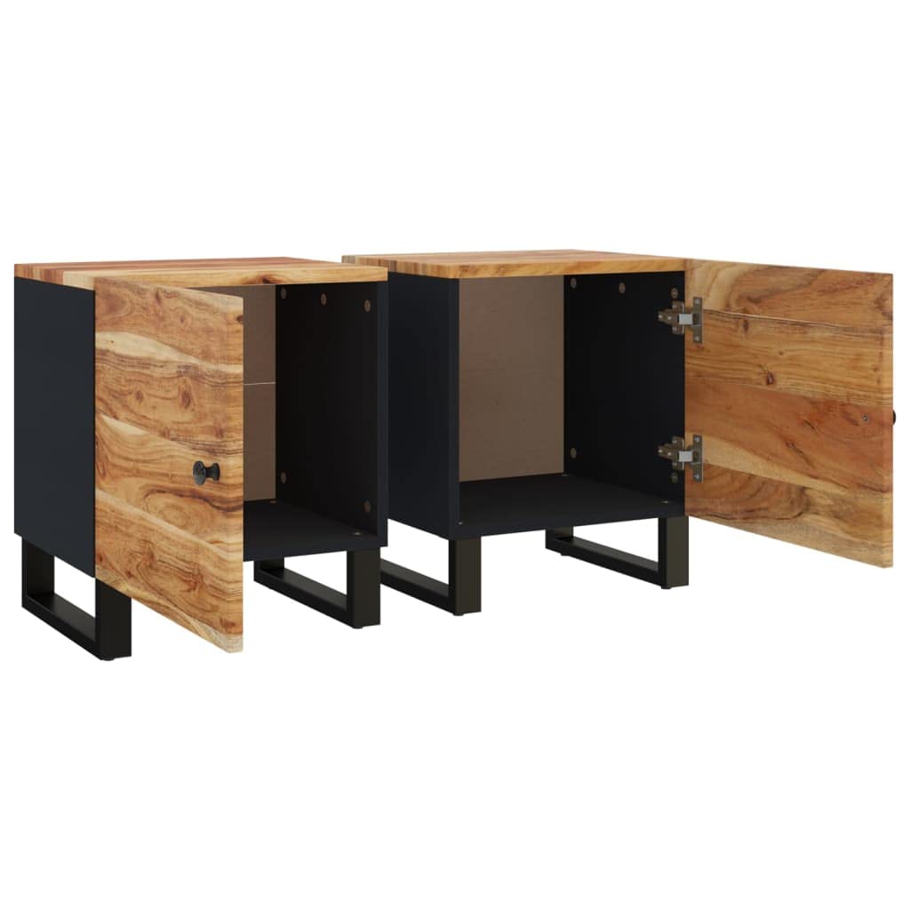 Industrial Style Bedside Cabinet Set of 2, Solid Acacia Wood Nightstand with Black Iron Frame, Natural Wood Finish for Modern Bedroom Storage