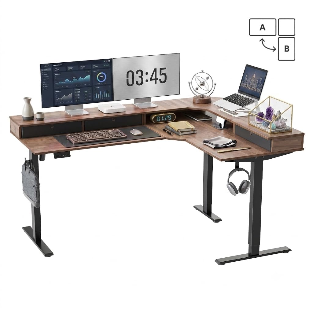 CubiCubi 63x48 Inches L Shaped Standing Desk with 3 Drawers and Monitor Shelf, Height Adjustable Corner Computer Desk with Hooks, Sit Stand Up Ergonomic Home Office Workstation Table, Deep Walnut