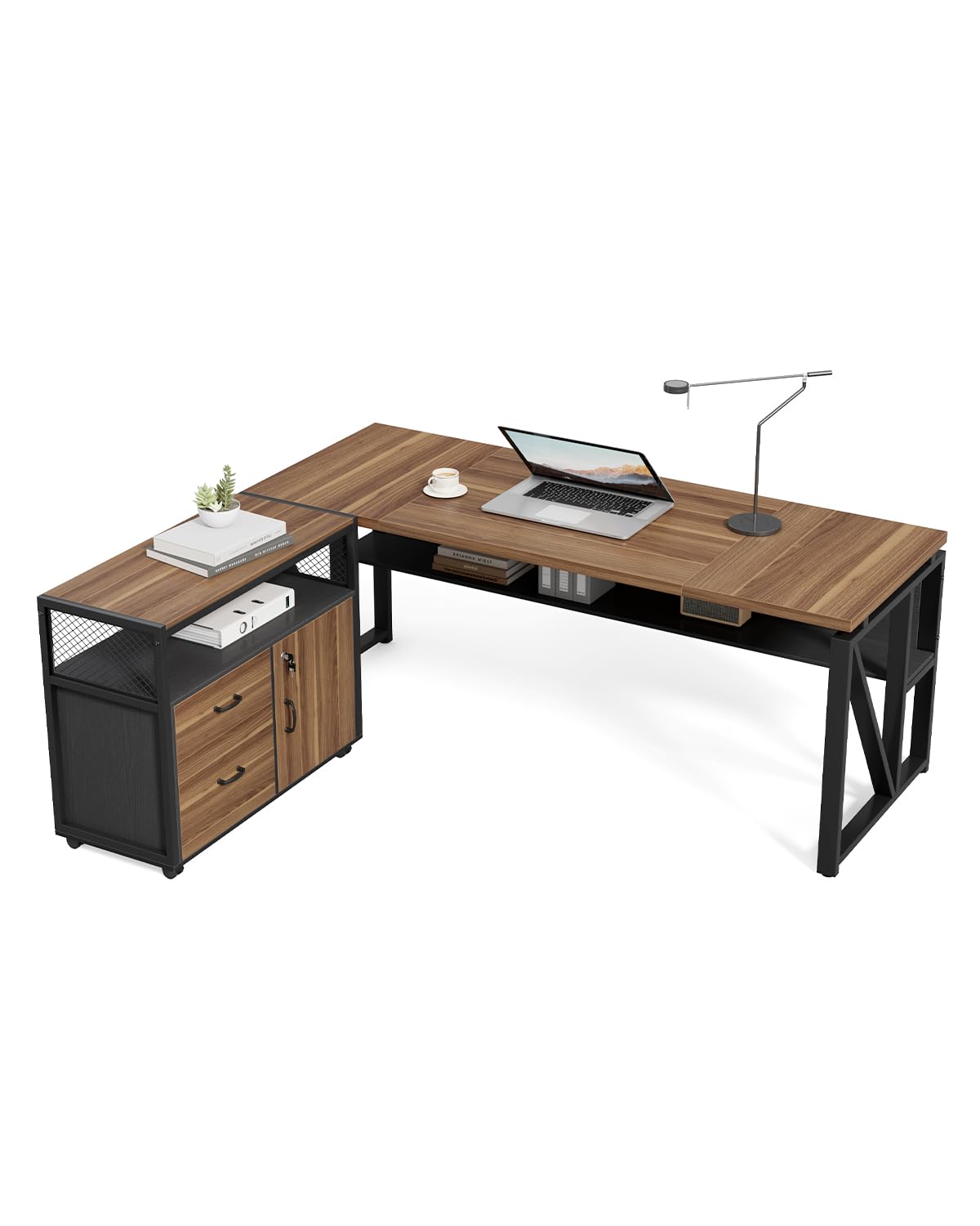LITTLE TREE 63" L Shaped Executive Computer Desk and Drawer lateral File Cabinet, Dark Brown