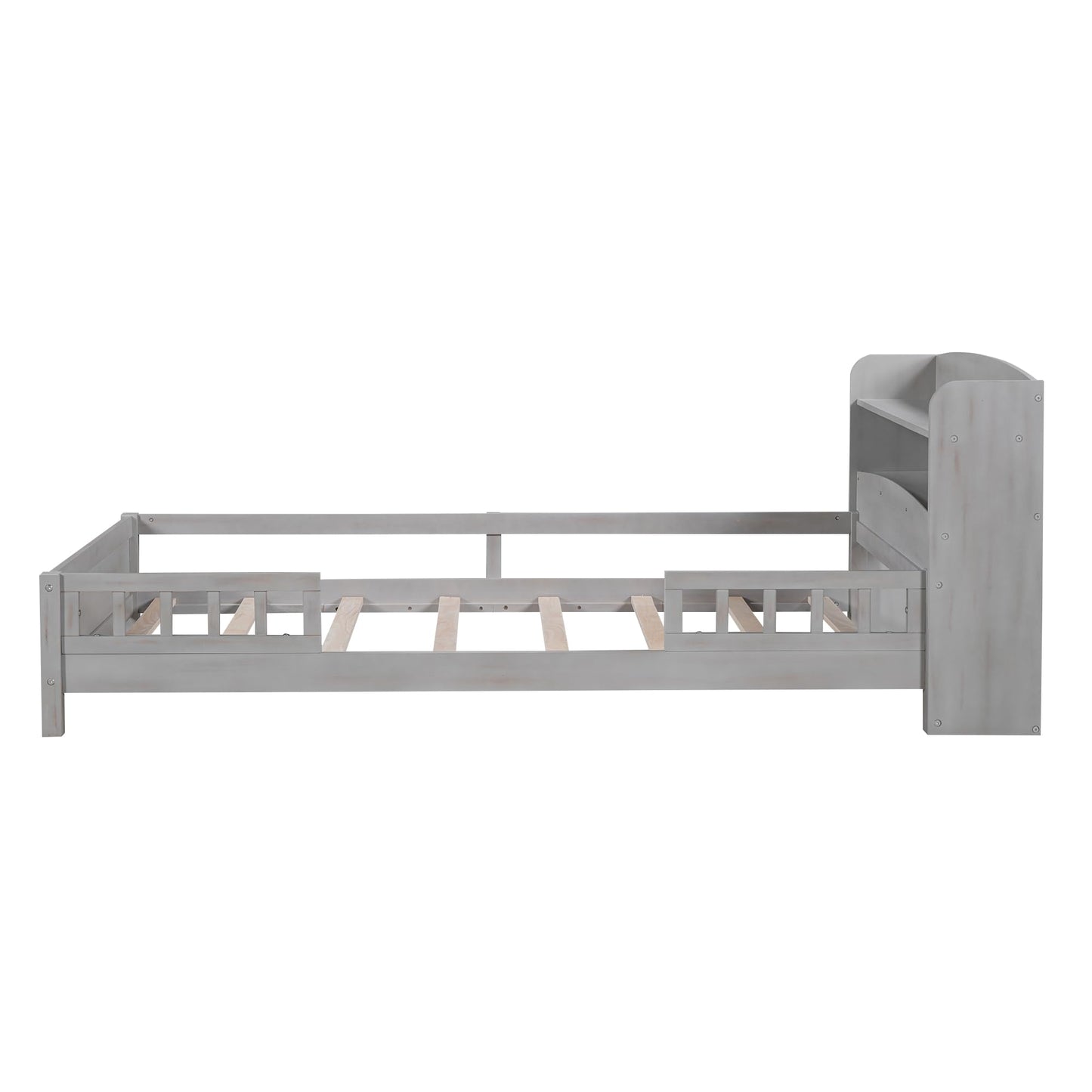 Merax Twin Bed Frame, Solid Wood Twin Size Platform Bed with Storage Headboard, Built-in Light and Safety Guardrail, Montessori Inspired Bed, No Box Spring Needed, Gray