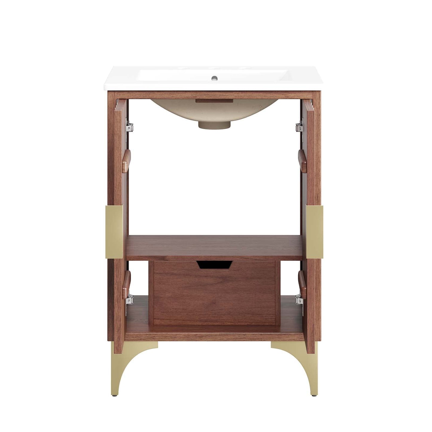 Modway Daylight Bathroom Vanity Cabinet with Ceramic Sink Basin, 24 Inch, White Walnut