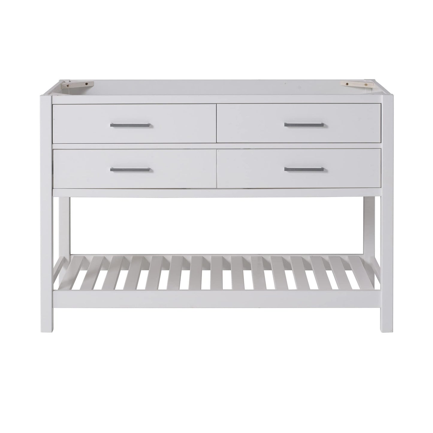 Harrison 48 in. W Vanity Cabinet Only, Bathroom Storage with Two Soft Close Drawers and Slatted Shelf, Nickel Hardware, Adjustable Height Levelers, Solid Pine Wood Construction, White