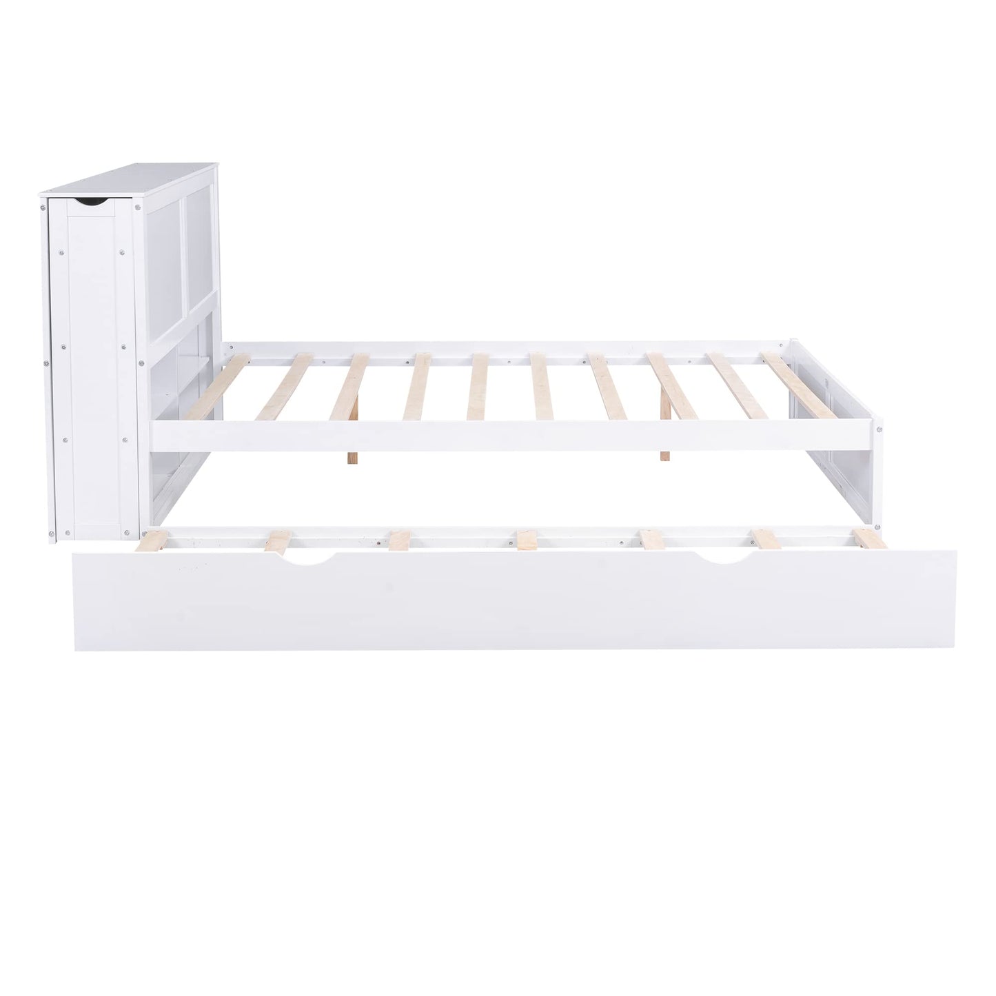 Acosure Queen Size Storage Platform Bed with Pull Out Shelves and Twin XL Size Trundle,Bedroom Wood Bed Frame W/Headboard,No Box Spring Required,for Kids Teens Girls Boys,White