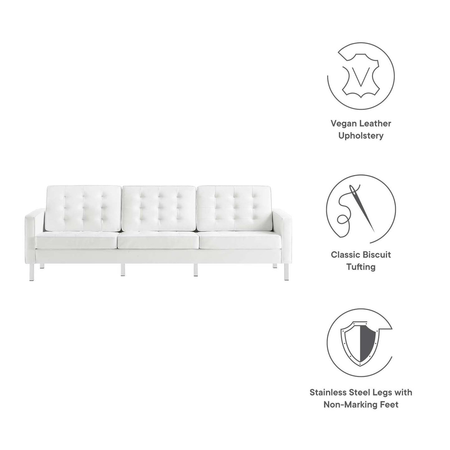 Modway Loft Tufted Button Faux Leather Upholstered Sofa in Silver White